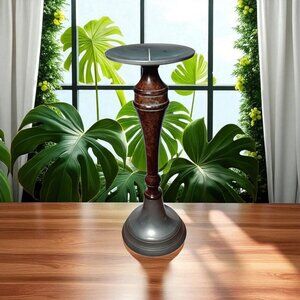 Vtg Estate Pillar Candle Holder Metal and Brown Marble 11.4" Tall Felt Bottom